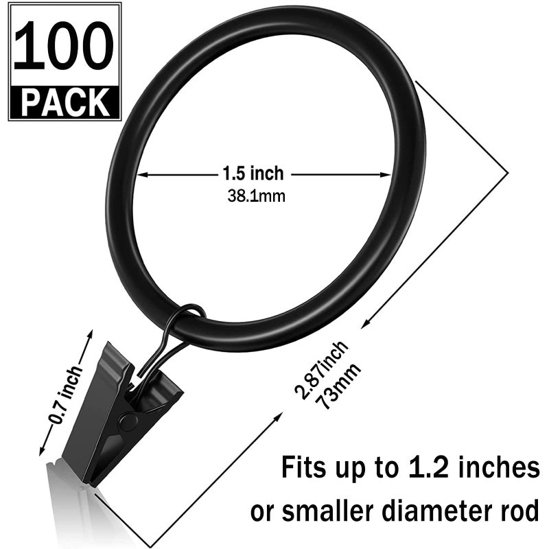 Lansian 100Pack Curtain Rings with Clips Hooks, Black Metal Stainless Steel Drapery Rings, 1.5in Interior Diameter Curtain Hangers Clips, Fits Diameter 1.2 in Rod, Vintage Black - Image 2